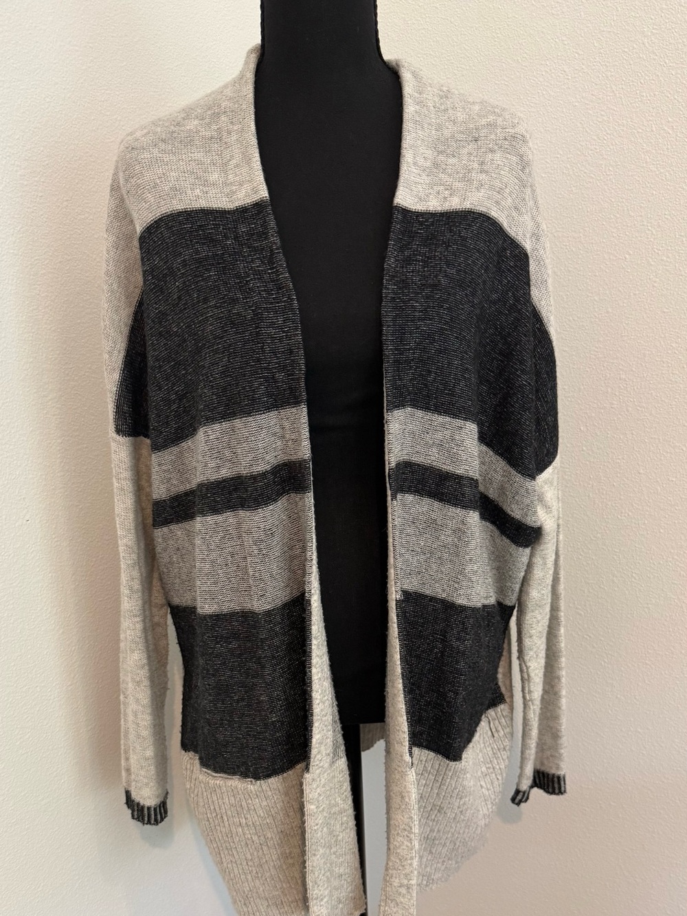 Twister Striped Open-Front Cardigan in Black and Light Gray